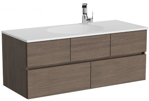 Vitra Memoria 66710 Lavabo Dolabı 120 Cm, Seramik Etajerli Lavabolu,Sağdan Armatür Delikli, Moka Meşe